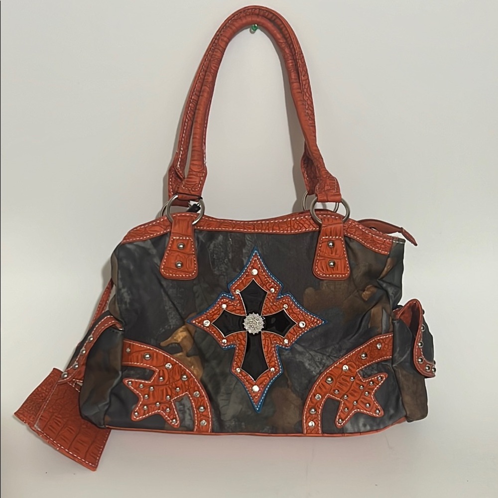 Orange and Black Clutch with Decorative Cross and Intricate Patterns